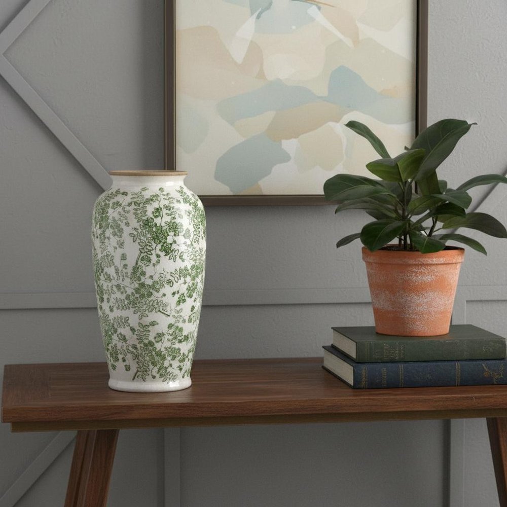 15" Green and White Leaf Trumpet Ceramic Table Vase With Does Not Apply