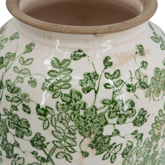 15" Green And White Leaf Ceramic Trumpet Table Vase