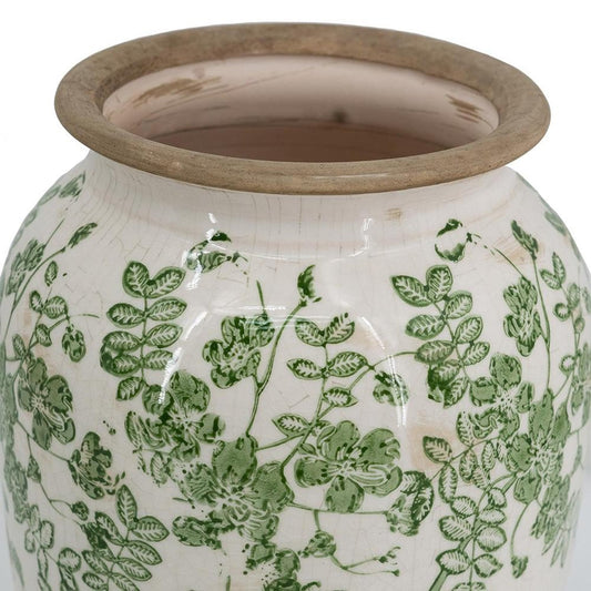 12" Green And White Leaf Ceramic Round Table Vase