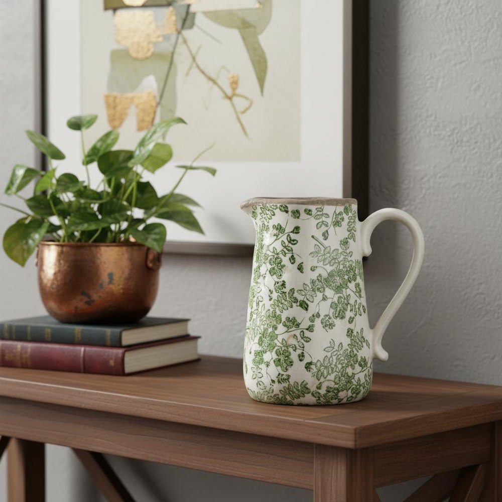 9" Green and White Leaf Round Ceramic Jug Vase With Does Not Apply