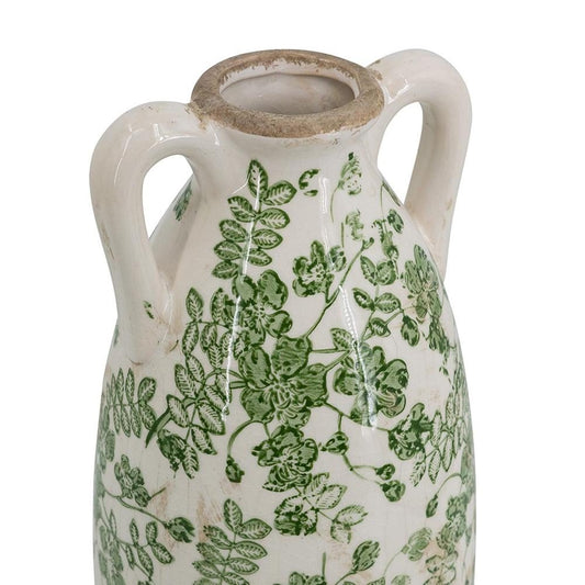 14" Green and White Leaf Amphora Ceramic Table Vase With Does Not Apply