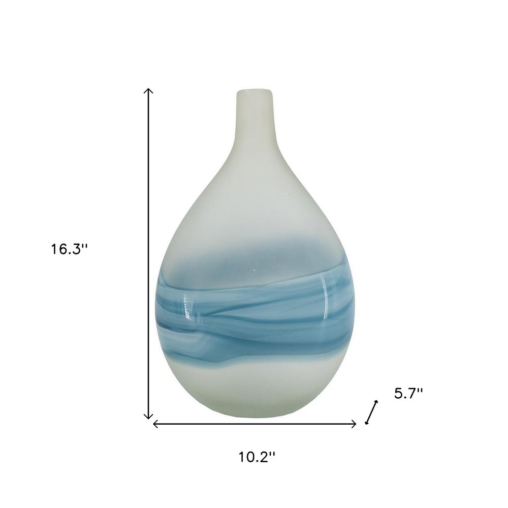 16" White And Blue Swirl Art Glass Table Vase
