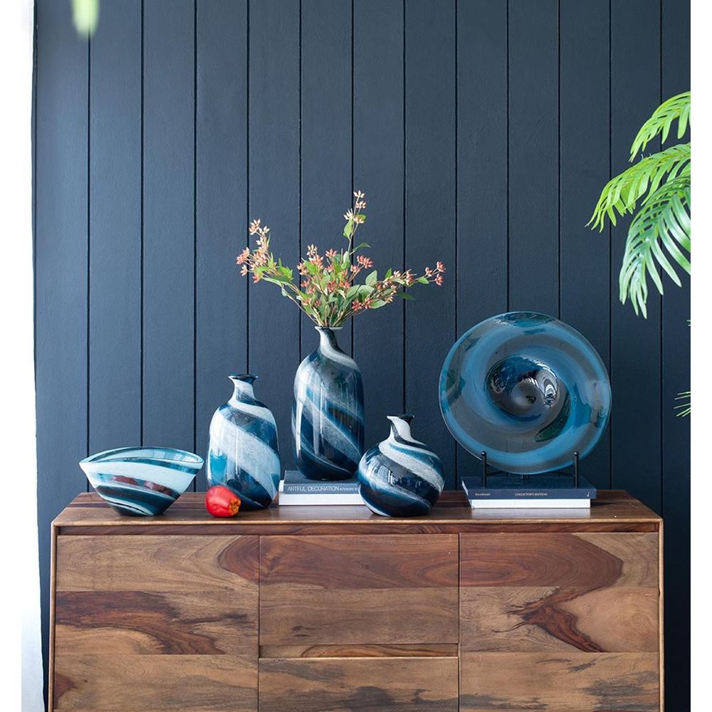 16" Blue And White Striped Swirl Art Glass Table Vase