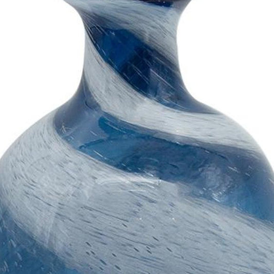16" Blue And White Striped Swirl Art Glass Table Vase