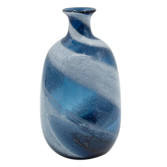 16" Blue And White Striped Swirl Art Glass Table Vase