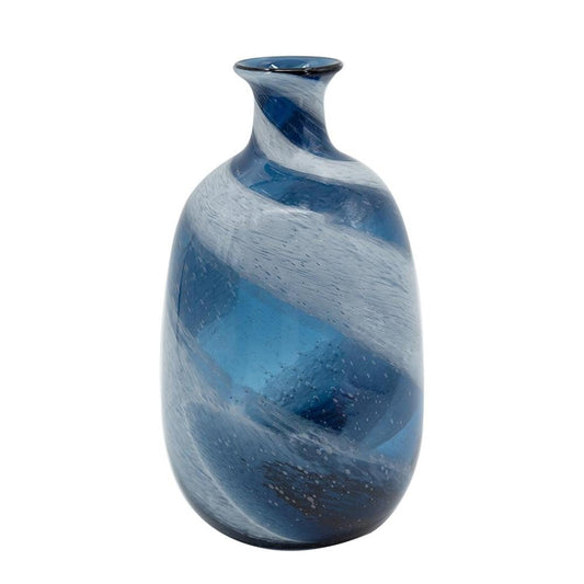 13" Blue And White Striped Swirl Art Glass Table Vase