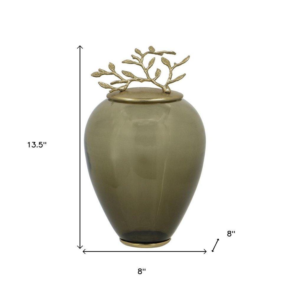 14" Dark Green And Gold Glass And Metal Round Ginger Jar