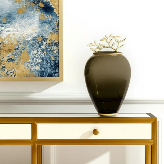 14" Dark Green And Gold Glass And Metal Round Ginger Jar