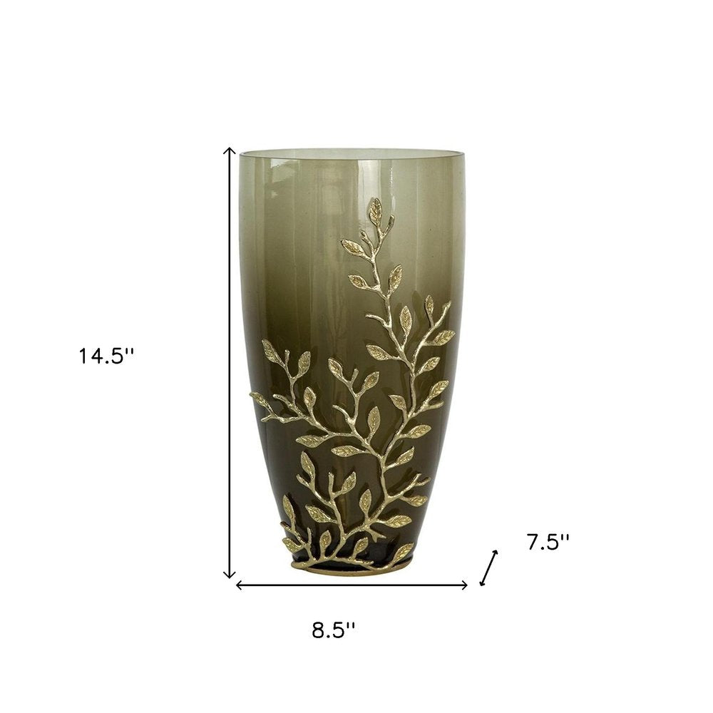 15" Dark Olive Green And Gold Branch Patterned Glass And Aluminum Table Vase
