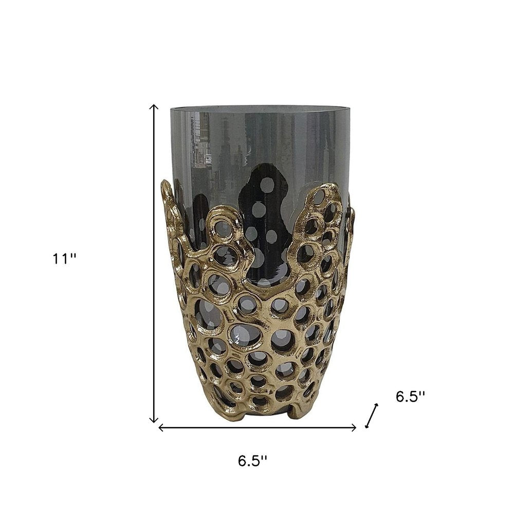 11" Black And Gold Glass And Aluminum Geo Circles Table Vase