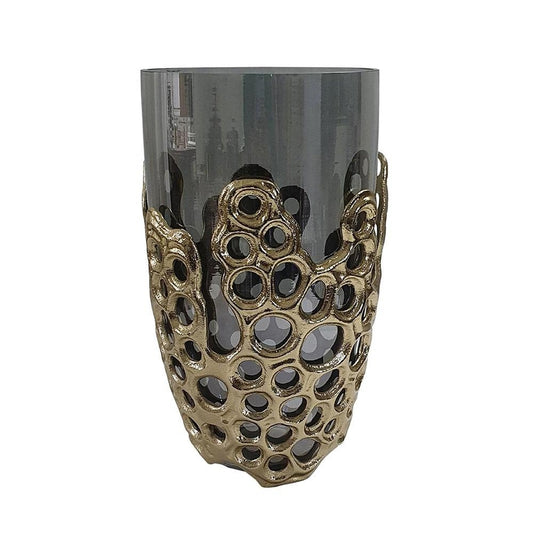 11" Black And Gold Glass And Aluminum Geo Circles Table Vase