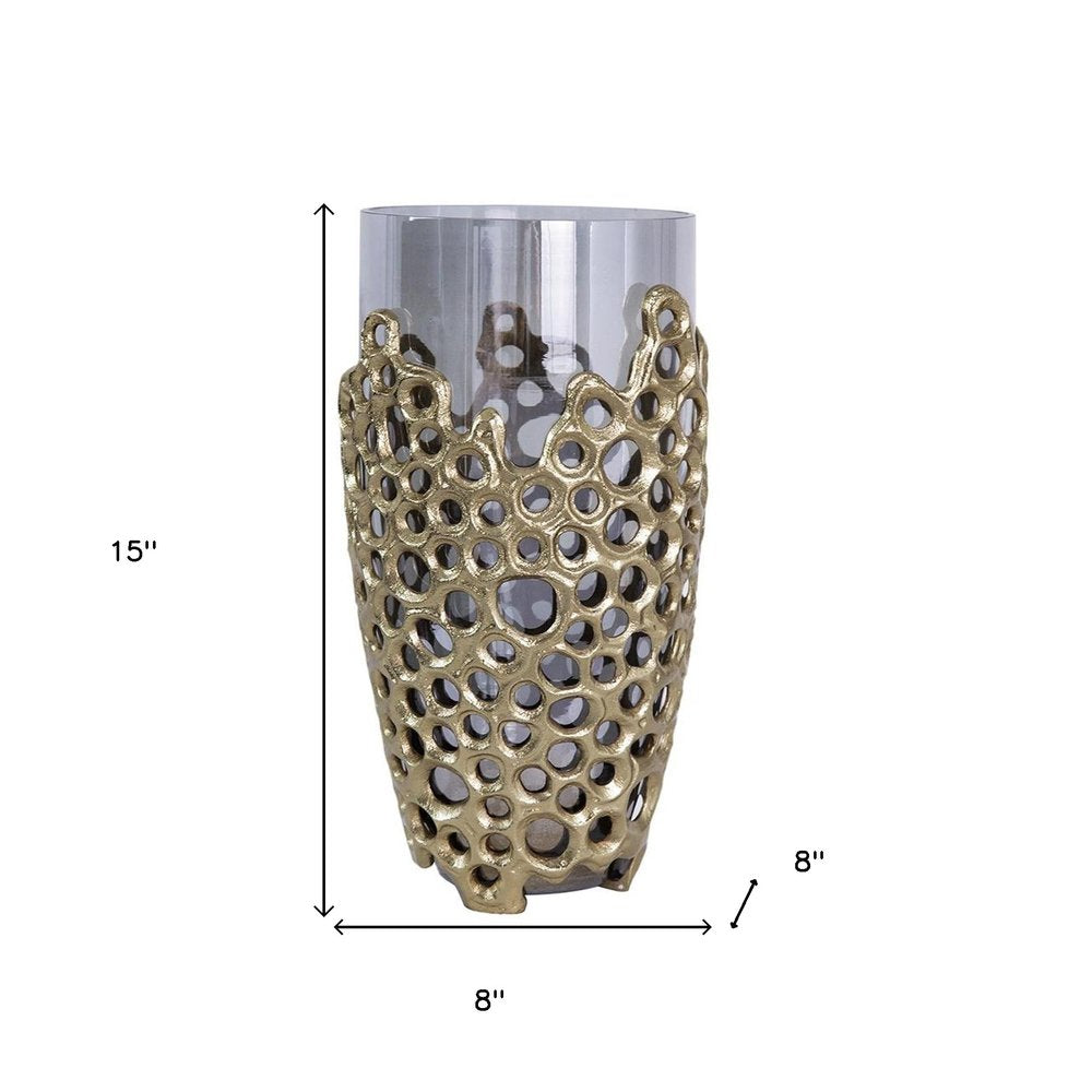 15" Black And Gold Aluminum And Glass Cylinder Table Vase