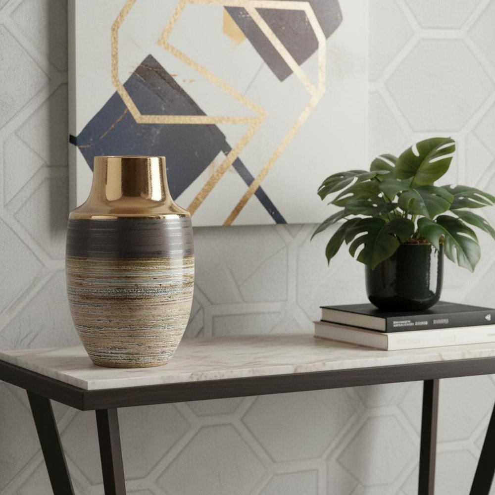 11" Brown and Bronze Striped Round Ceramic Table Vase With Does Not Apply