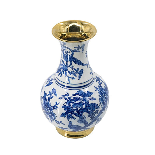 16" Blue White And Gold Chinoiserie Floral Porcelain Table Vase