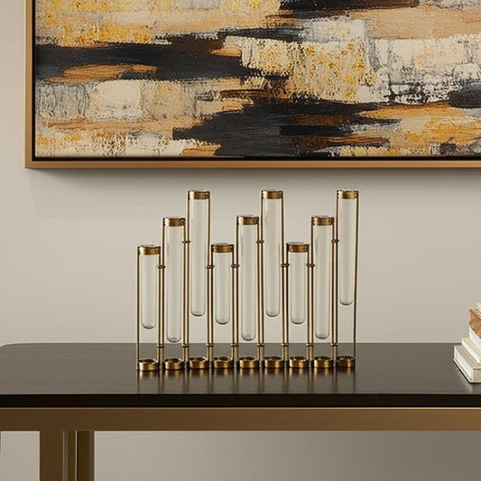 17" Bronze And Clear Enameled Cast Iron And Glass Nine Bloom Table Vase