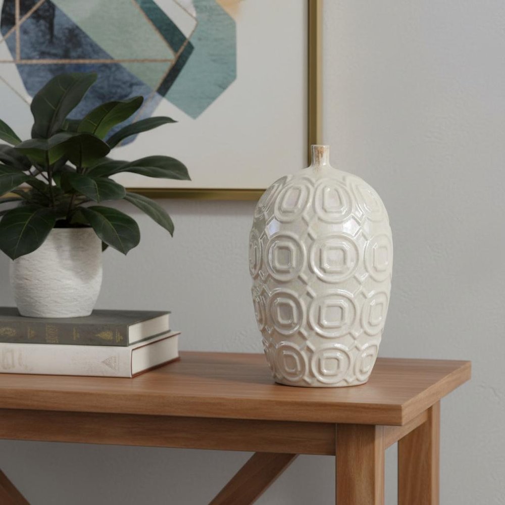 16" Ivory Geometric Bud Ceramic Table Vase