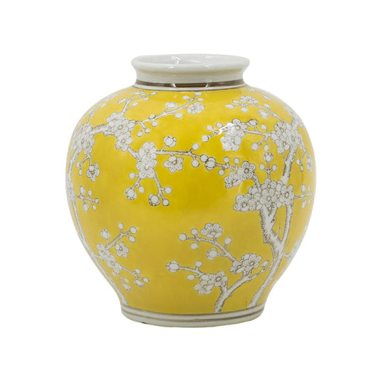 9" Yellow And White Chinoiserie Floral Porcelain Table Vase