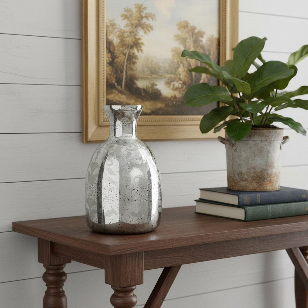 18" Silver Floral Round Glass Table Vase