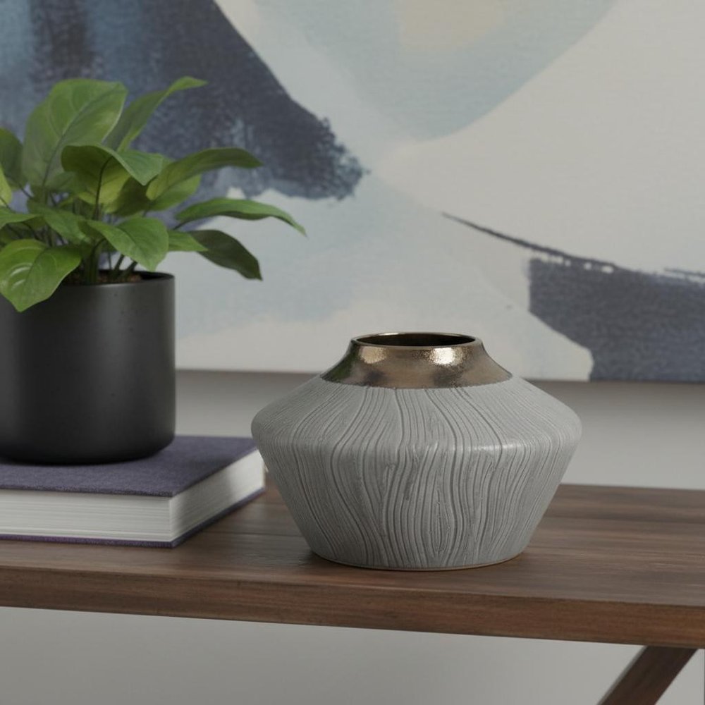 7" Brown Gold And Gray Round Ceramic Table Vase