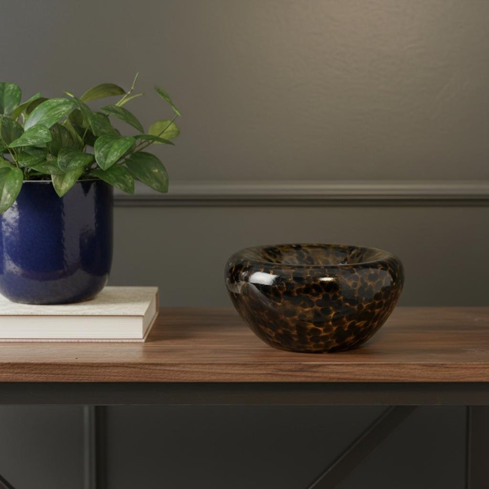 4" Beige Brown And Black Animal Print Round Glass Table Vase