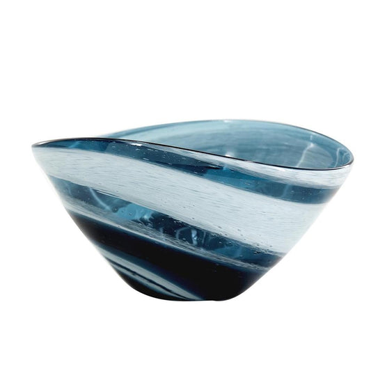 12" Blue And White Glass Swirl Stripe Oval Centerpiece Bowl