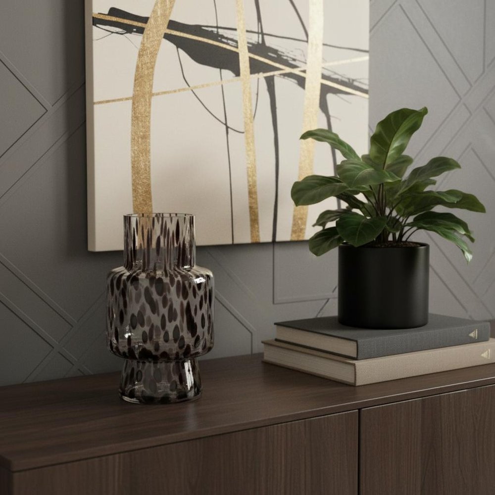 10" Clear Burgundy And Black Abstract Glass Cylinder Table Vase