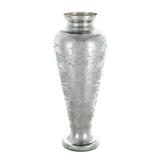 20" Antiqued Silver Etched Floral Glass Round Table Vase