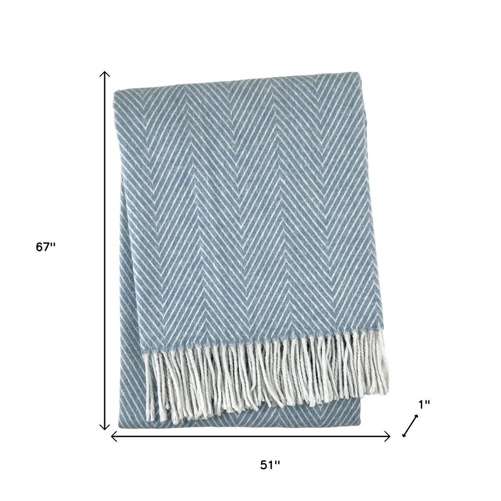 51" X 67" Blue Cotton Woven Herringbone Throw Blanket with Fringe