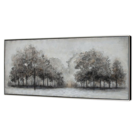 Wildwood Fog, Hand Painted Canvas Black Floater Frame Painting Wall Art