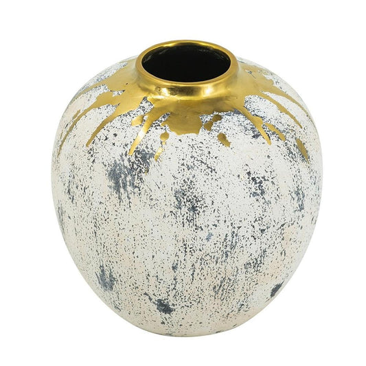 10" Ivory Gray And Gold Abstract Distressed Ceramic Round Table Vase