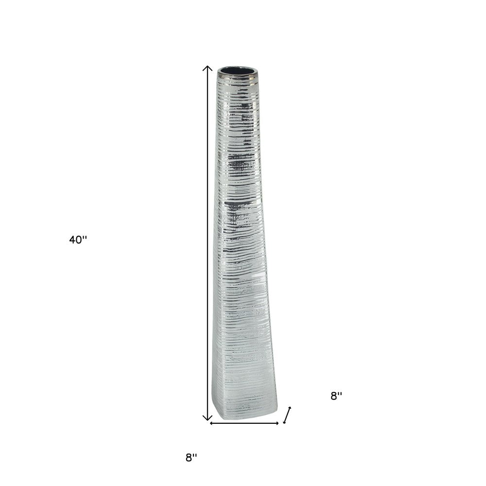 40" Silver Striped Tapered Ceramic Floor Vase