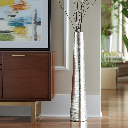 40" Silver Striped Tapered Ceramic Floor Vase