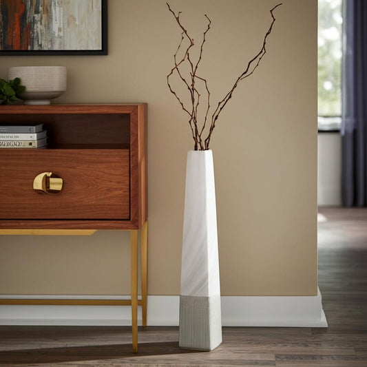 32" White Faceted Geometric Tapered Ceramic Floor Vase