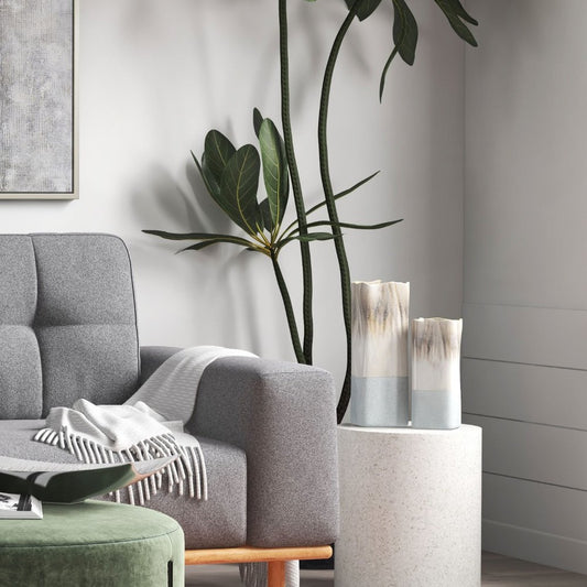 12" Brown Light Blue And Off White Color Block Square Ceramic Table Vase