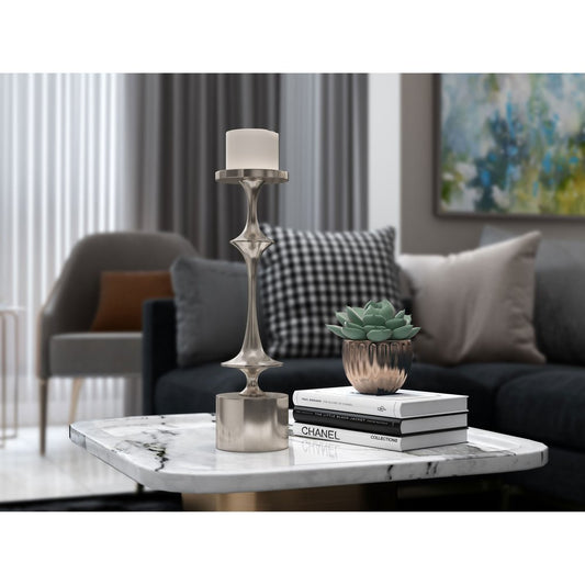 18" Silver Distressed Geometric Metal Tabletop Candle Holder