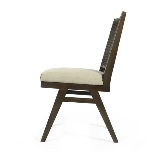 Set of Two Dark Brown And Gray Wood Cane And Upholstery Dining Side Chairs