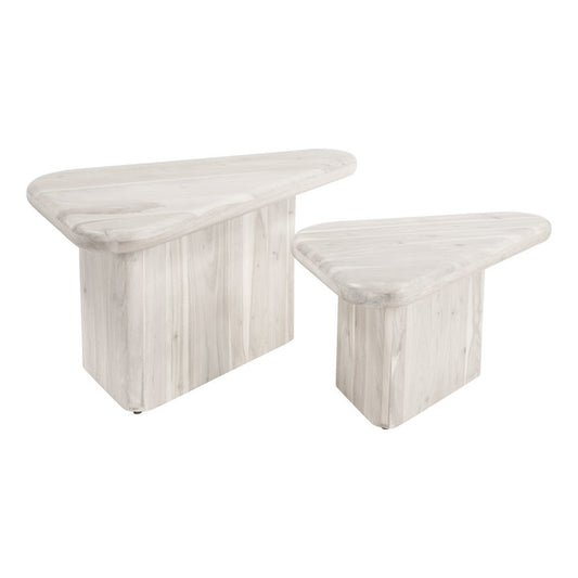 Set of Two Natural Solid Wood Triangle Pedestal Nested Coffee Tables