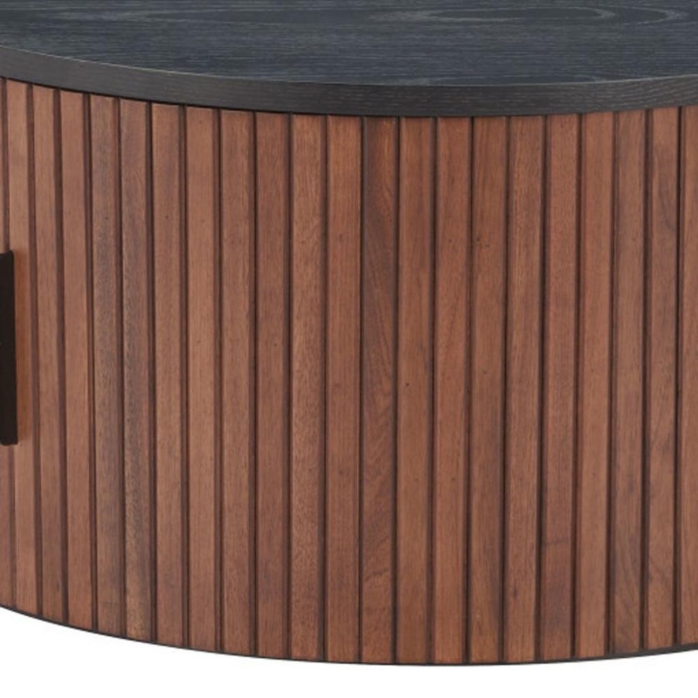 32" Black and Walnut Wood Round Drum Coffee Table