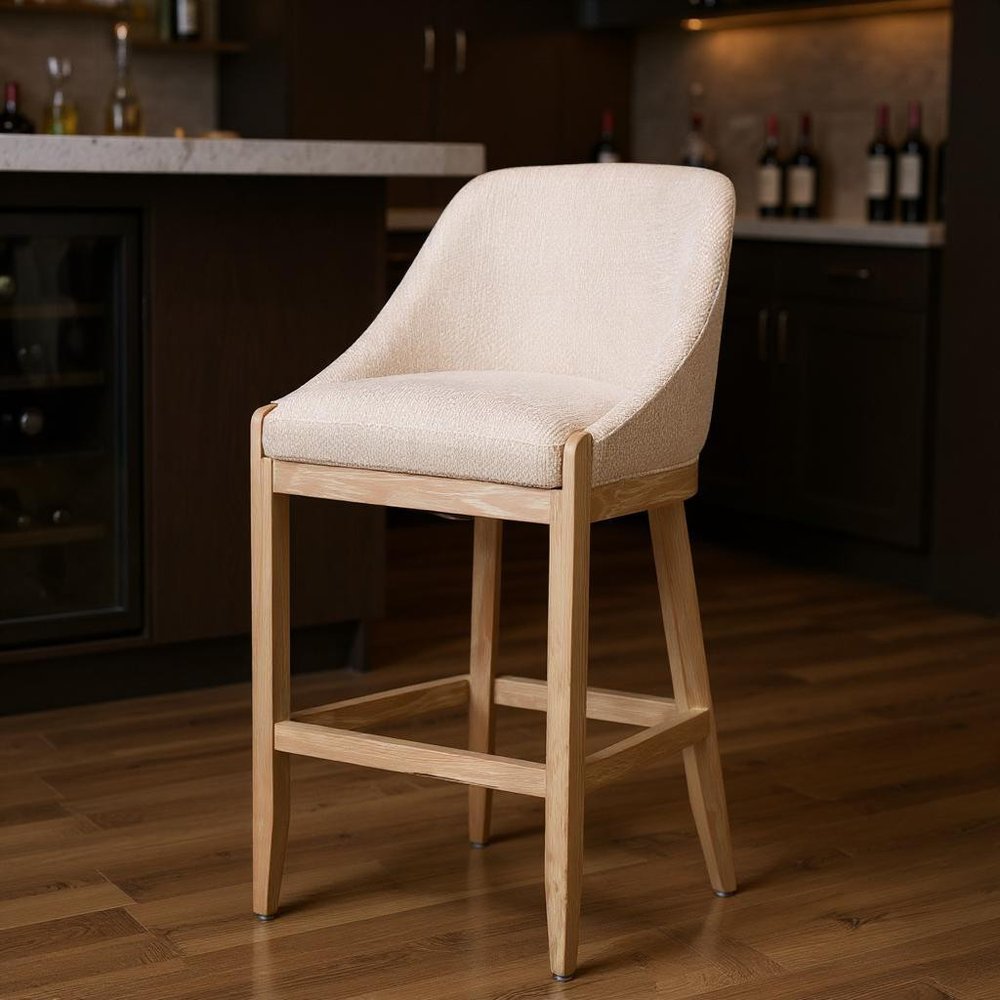 31" Beige and Natural Fabric and Solid Wood Bar Height Bar Chair