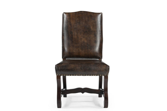 Set of Two Dark Brown Leather And Wood Dining Side Chairs