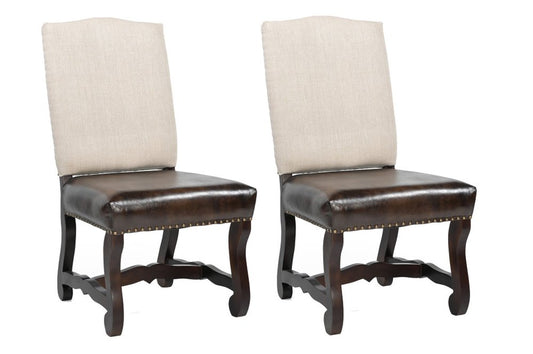 Set of Two Cream and Dark Brown Wood Leather And Linen Dining Side Chairs