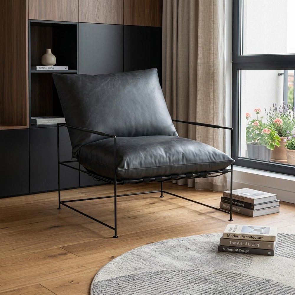28" Black Genuine Leather Distressed Arm Chair