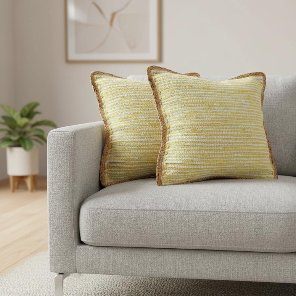 Set of Two 20" Yellow Beach Striped Throw Pillows
