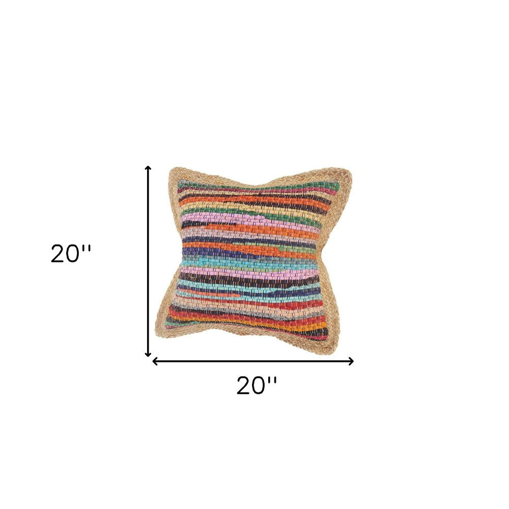 Set of Two 20" Blue Red And Natural Striped Cotton And Jute Throw Pillows
