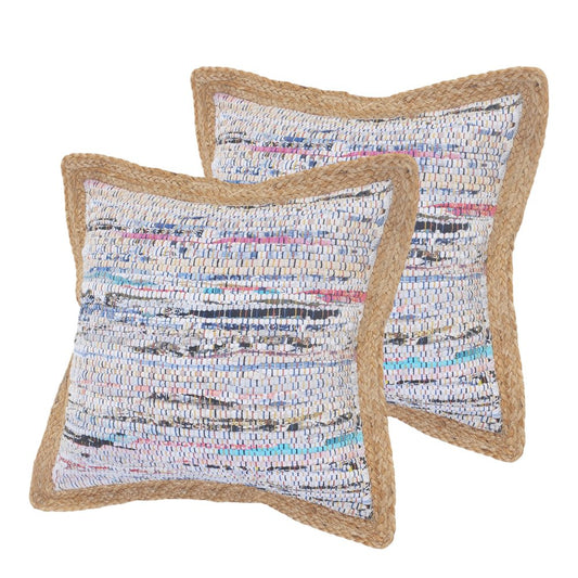 Set of Two 20" Aqua Ivory And Natural Striped Cotton And Jute Throw Pillows with Texture