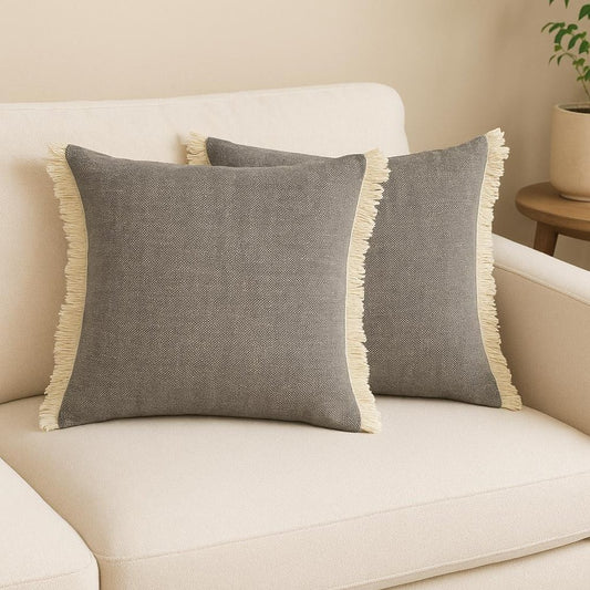 Set of Two 20" Gray And Off White Cotton Throw Pillows with Fringe