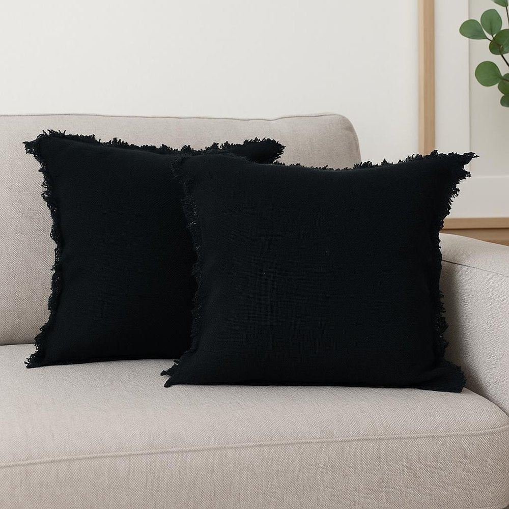 Set of Two 20" Black Cotton Throw Pillows with Fringe