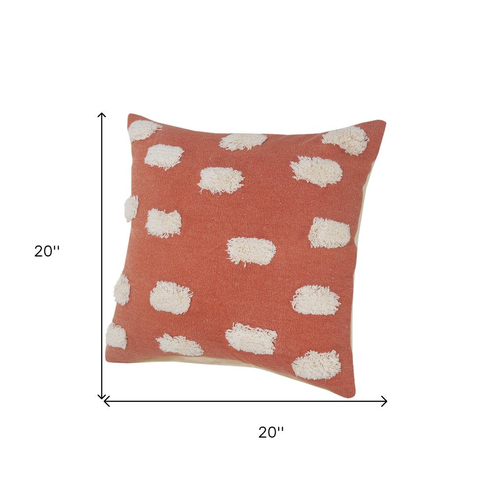Set of Two 20" Orange And Natural And Orange Polka Dot Cotton Throw Pillows with Pompoms