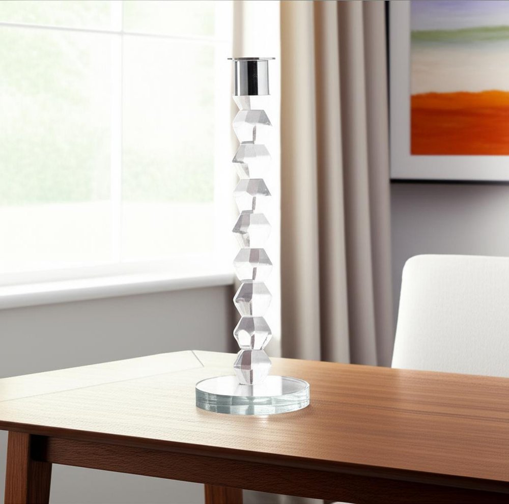 11" Clear And Silver Geo Stacks Crystal Tabletop Taper Candlestick