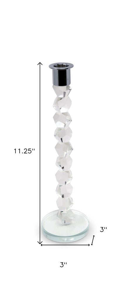 11" Clear And Silver Geo Stacks Crystal Tabletop Taper Candlestick